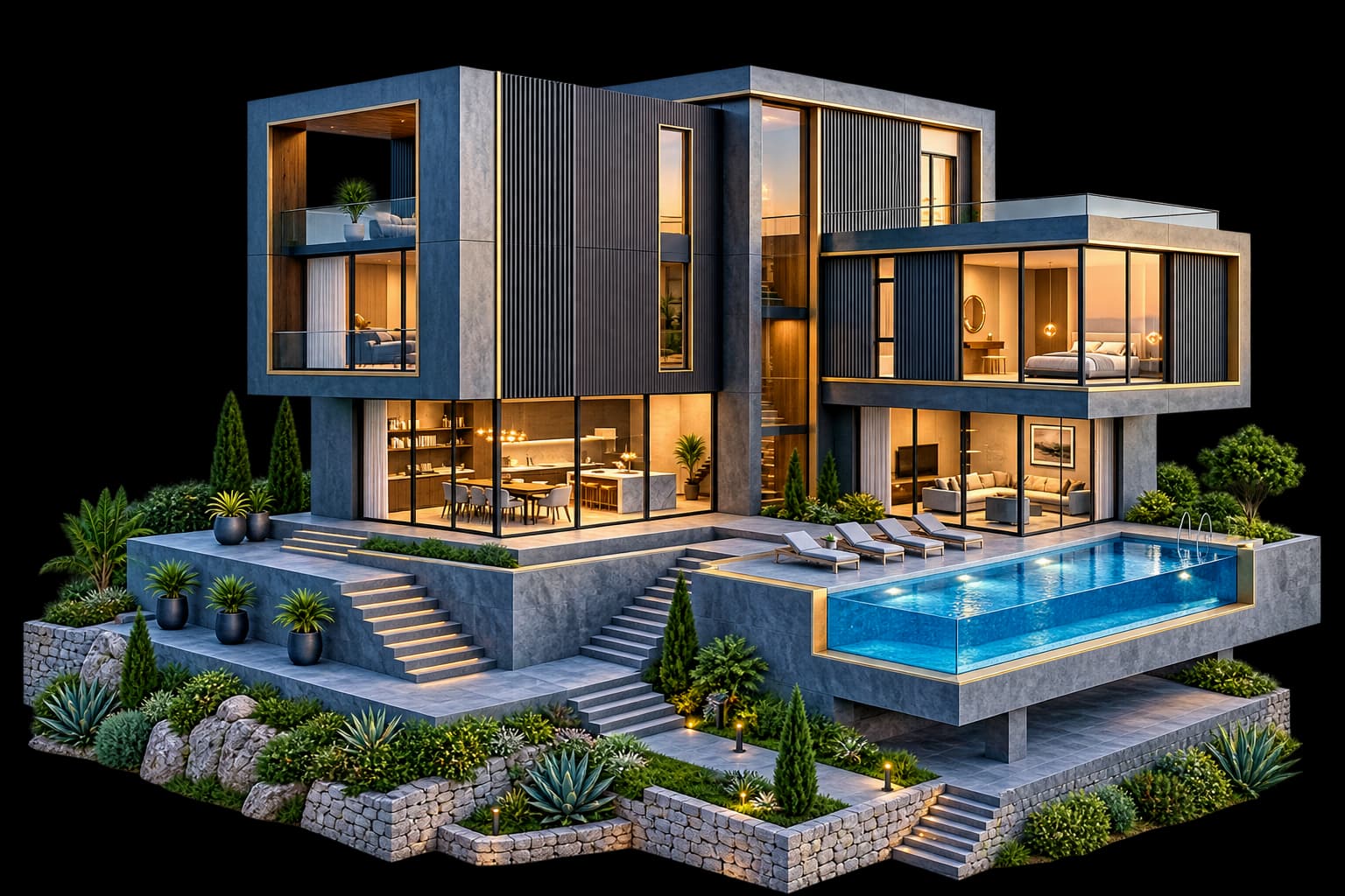 Luxury home with illuminated interiors and a pool at dusk